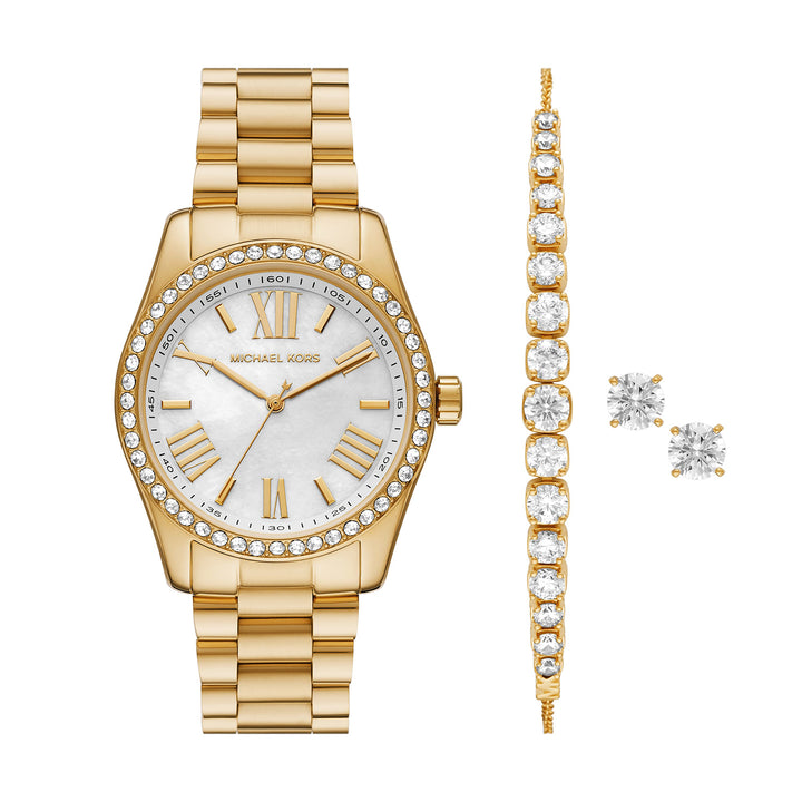 Michael Kors Lexington Three-Hand Gold-Tone Stainless Steel Watch And Jewelry Gift Set
