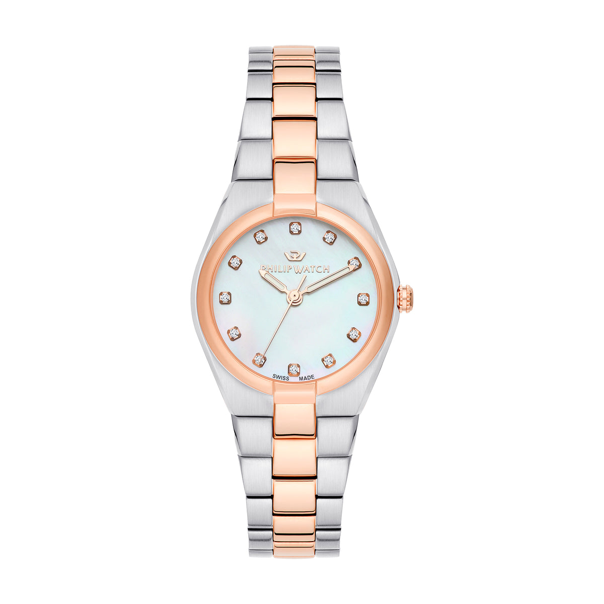 ساعة فيليب ووتش تايم لس 3 عقارب مقاس 29 مم، ميناء صدف، مرصعة بالألماس، سوار ستانلس ستيل وذهب وردي