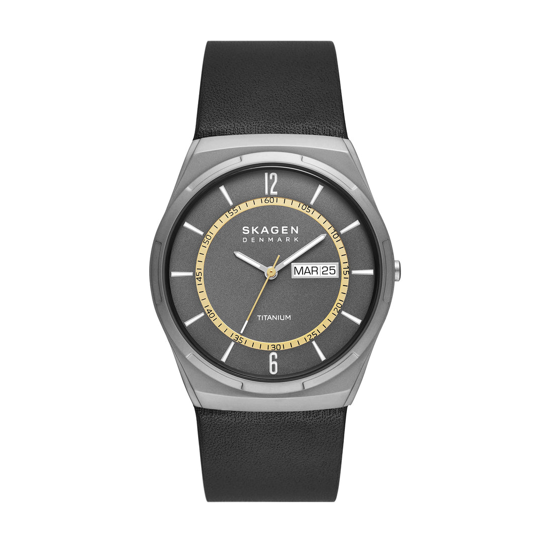 Skagen Melbye Titanium Three-Hand Day-Date Black Leather Watch