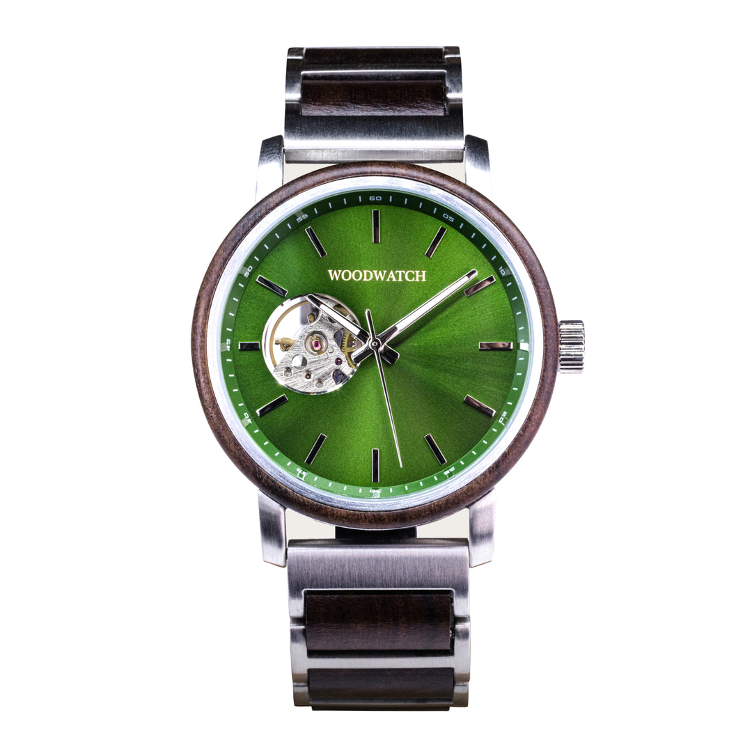WOODWATCH MEN'S CLASSIC OPEN-HEART PURE GREEN AUTOMATIC WATCH
