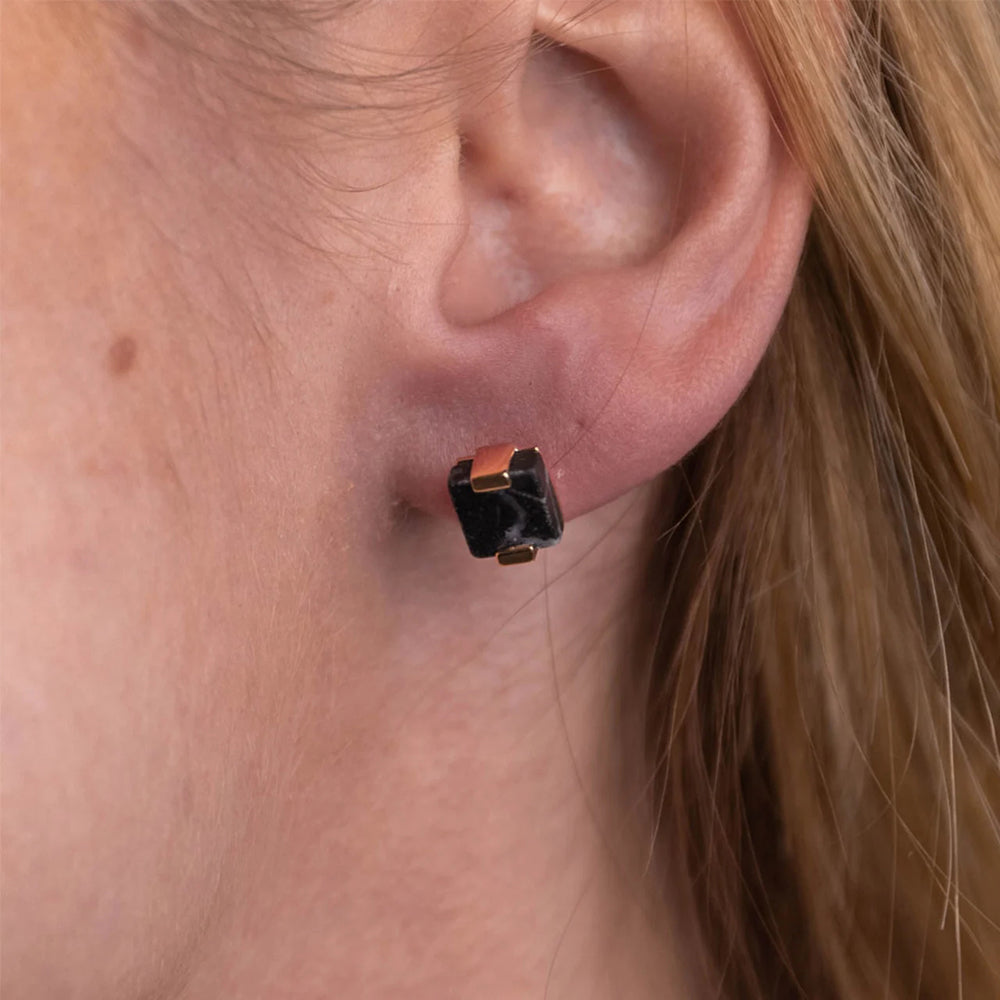 WOODWATCH WOMEN'S EARRINGS IN SQUARE BLACK MARBLE AND R.GOLD