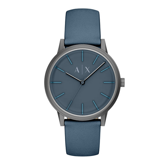 Armani Exchange Men's Three-Hand Blue Leather Watch