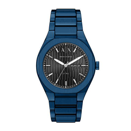 Armani Exchange Men's Sync Three-Hand Day-Date Blue Stainless Steel Watch