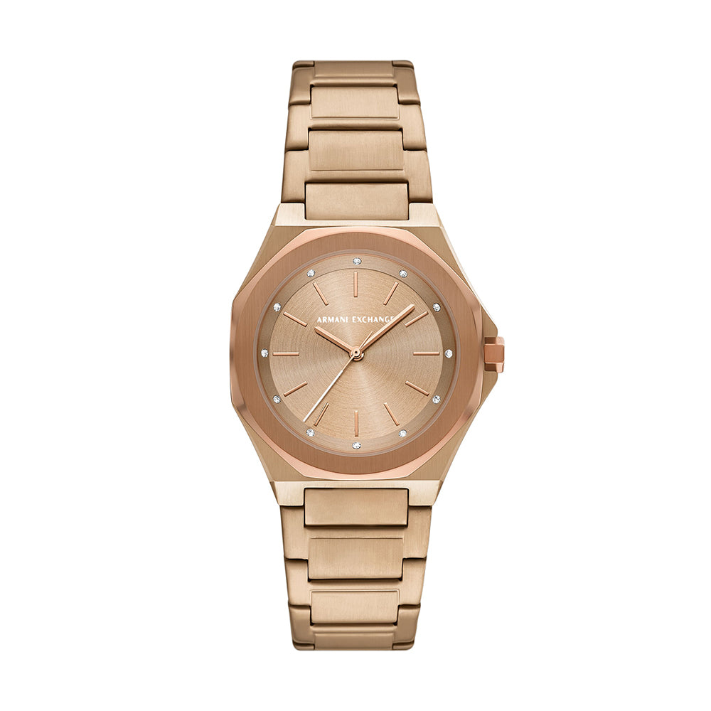 Armani Exchange Three-Hand Beige Gold-Tone Stainless Steel Watch