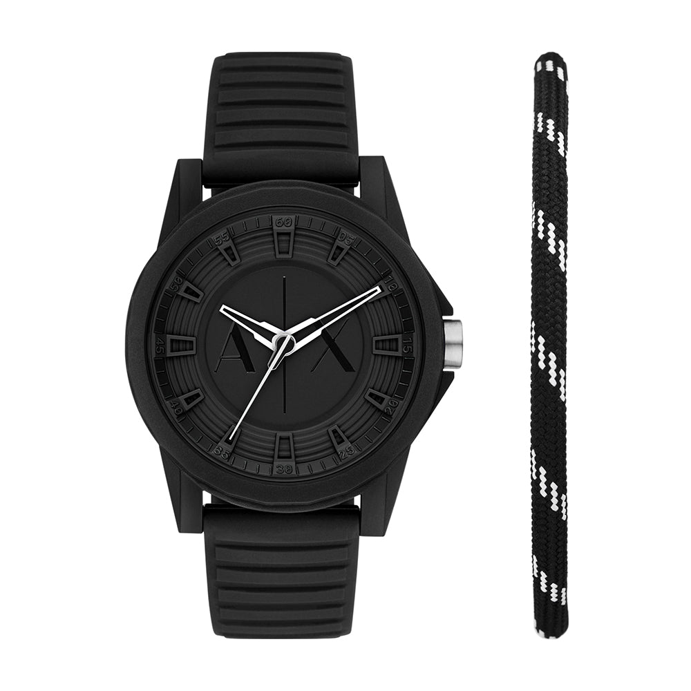 Armani Exchange Three-Hand Black Silicone Watch and Bracelet Set