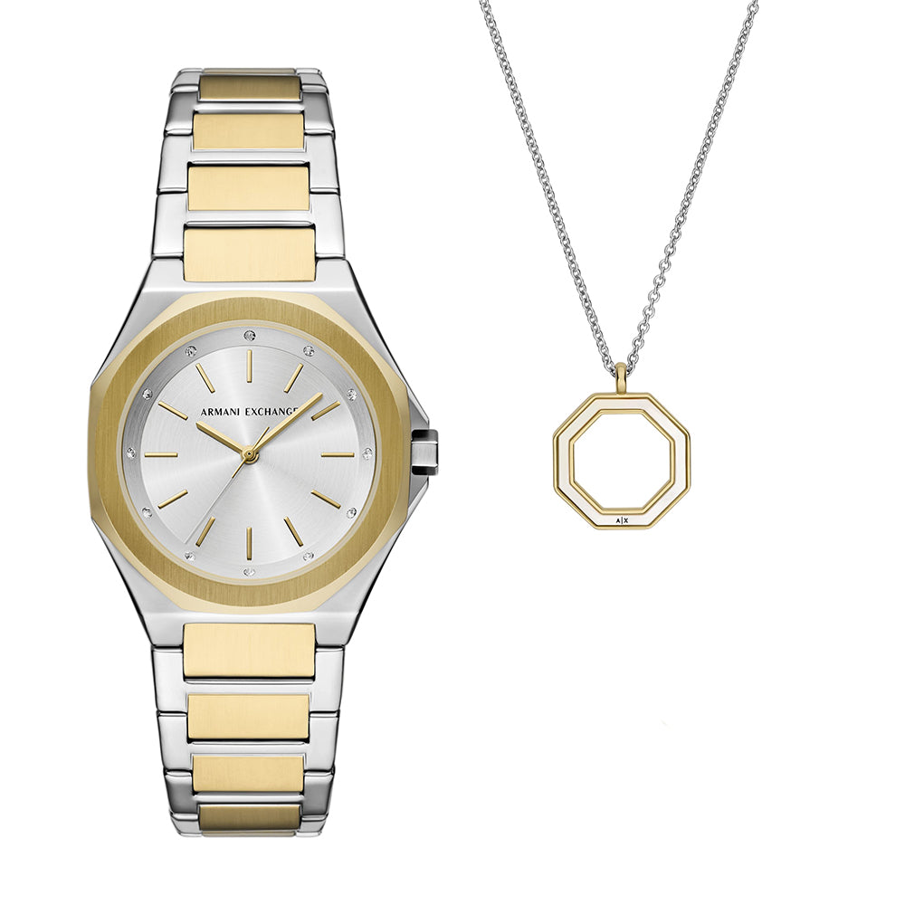 Armani Exchange Three-Hand Two-Tone Stainless Steel Watch and Necklace Set