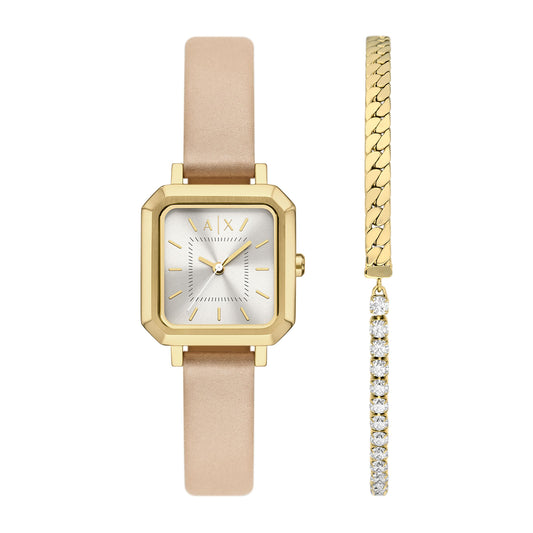Armani Exchange Women's Three-Hand Nude Leather Watch and Bracelet Gift Set