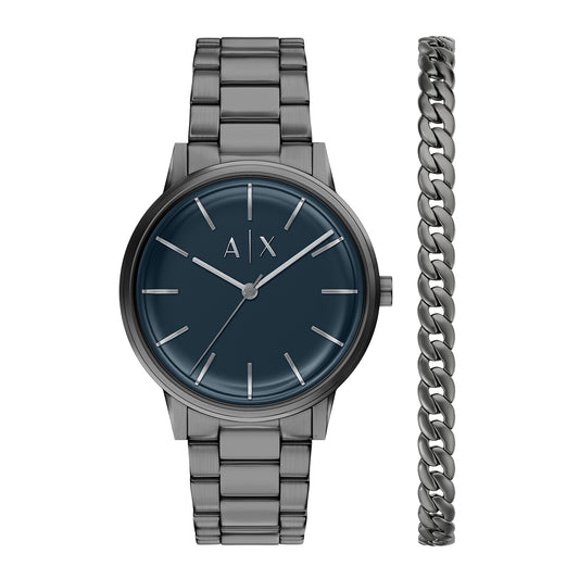 Armani Exchange Men's Three-Hand Gunmetal Stainless Steel Watch and Bracelet Set