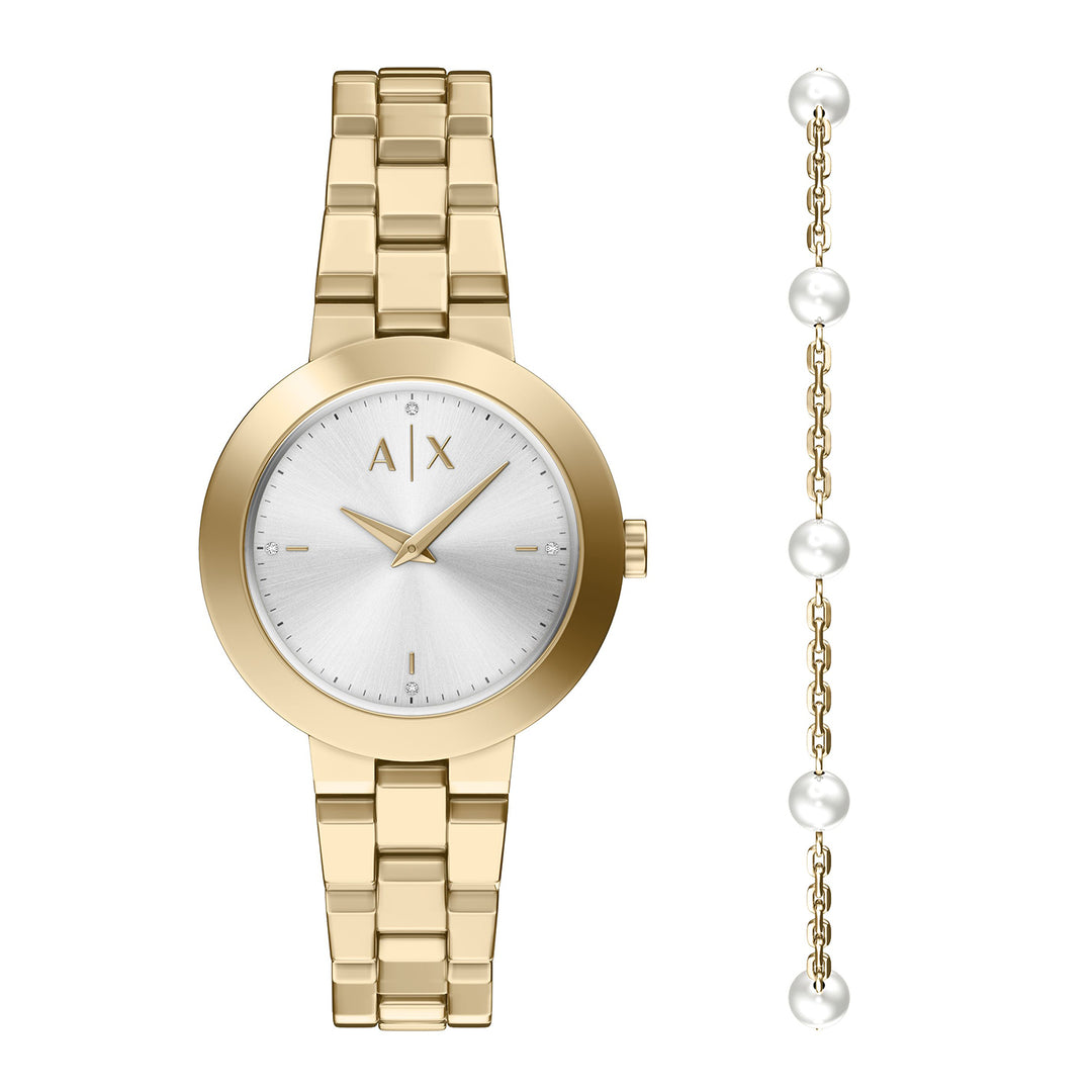 Armani Exchange Women's Two-Hand Gold-Tone Stainless Steel Watch and Bracelet Set