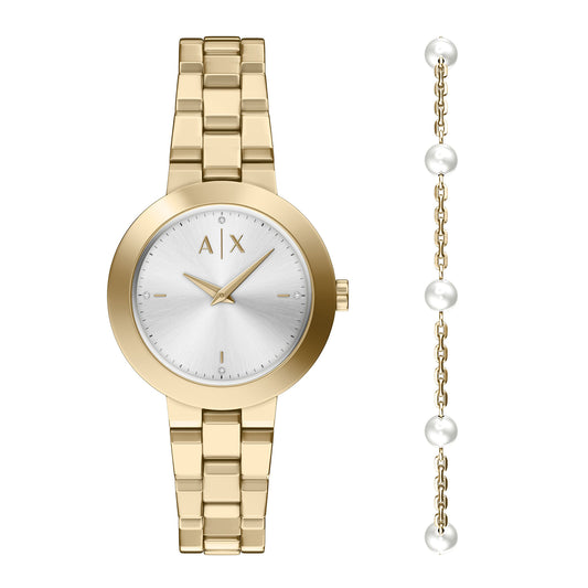 Armani Exchange Women's Two-Hand Gold-Tone Stainless Steel Watch and Bracelet Set