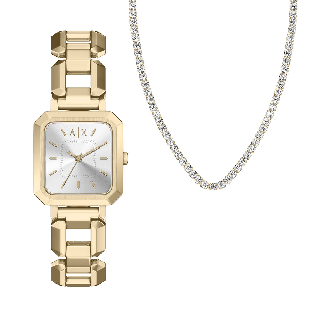 Armani Exchange Women's Three-Hand Gold-Tone Stainless Steel Watch and Necklace Set