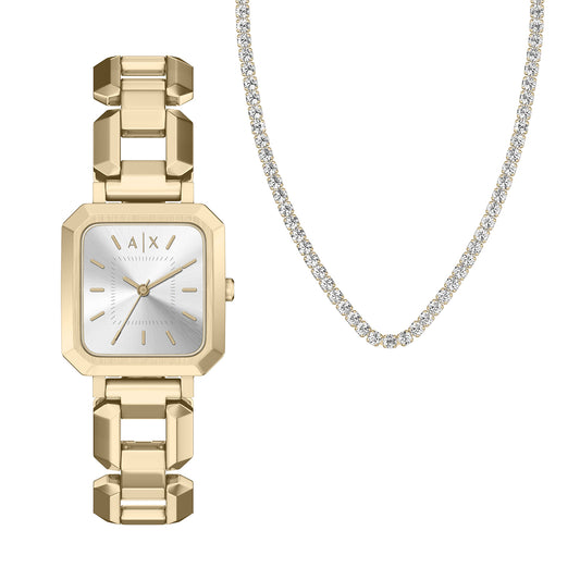 Armani Exchange Women's Three-Hand Gold-Tone Stainless Steel Watch and Necklace Set