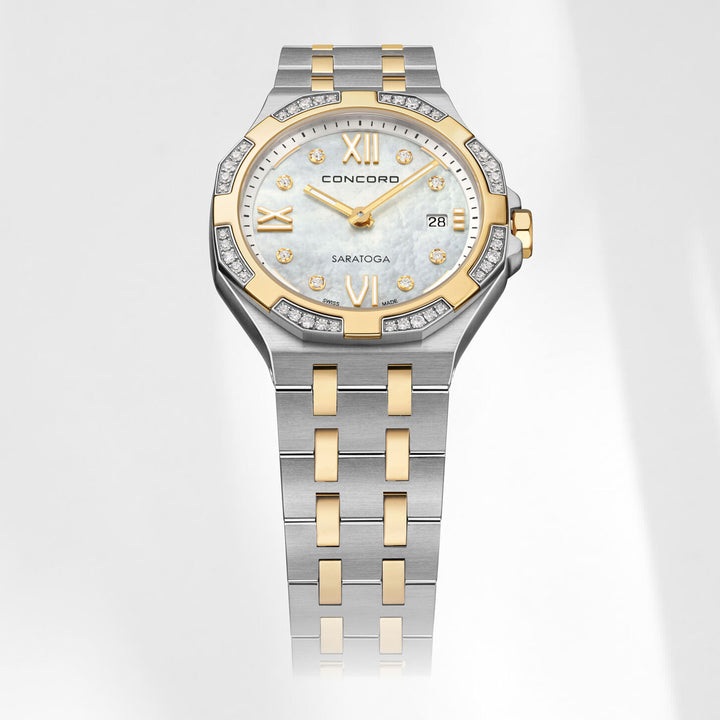 Concord Women's Silver & Gold Tone Case White Mop Dial Dia Bezel 0.30ct Quartz Watch