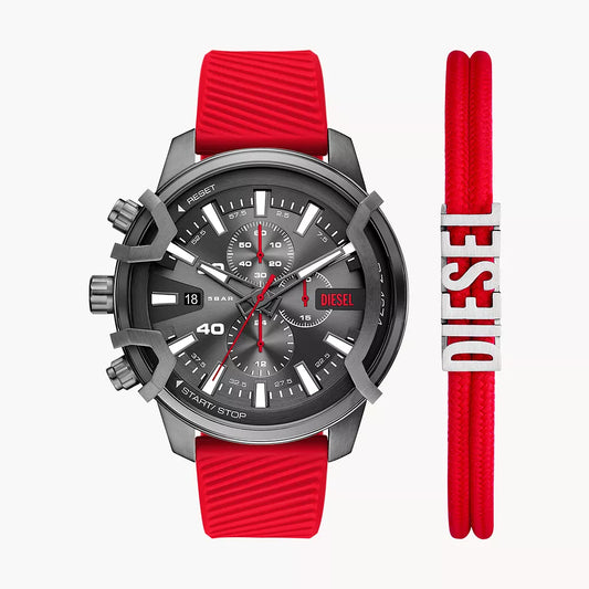 Diesel Griffed Chronograph Red Silicone Watch and Nylon Bracelet Set