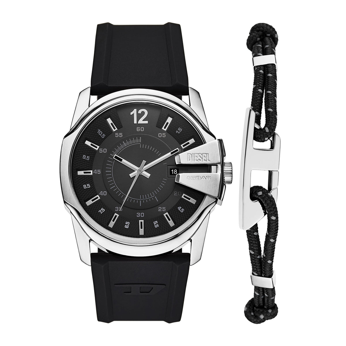 Diesel Men's Master Chief Three-Hand Date Black Silicone Watch and Cord Bracelet Set