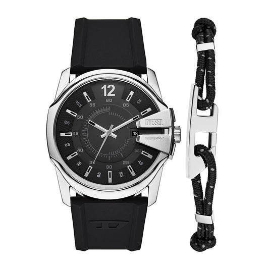 Diesel Men's Master Chief Three-Hand Date Black Silicone Watch and Cord Bracelet Set
