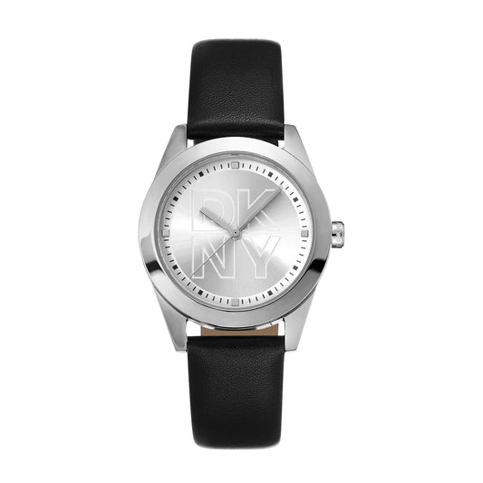 DKNY Logo Women's Silver Dial Leather Strap Watch
