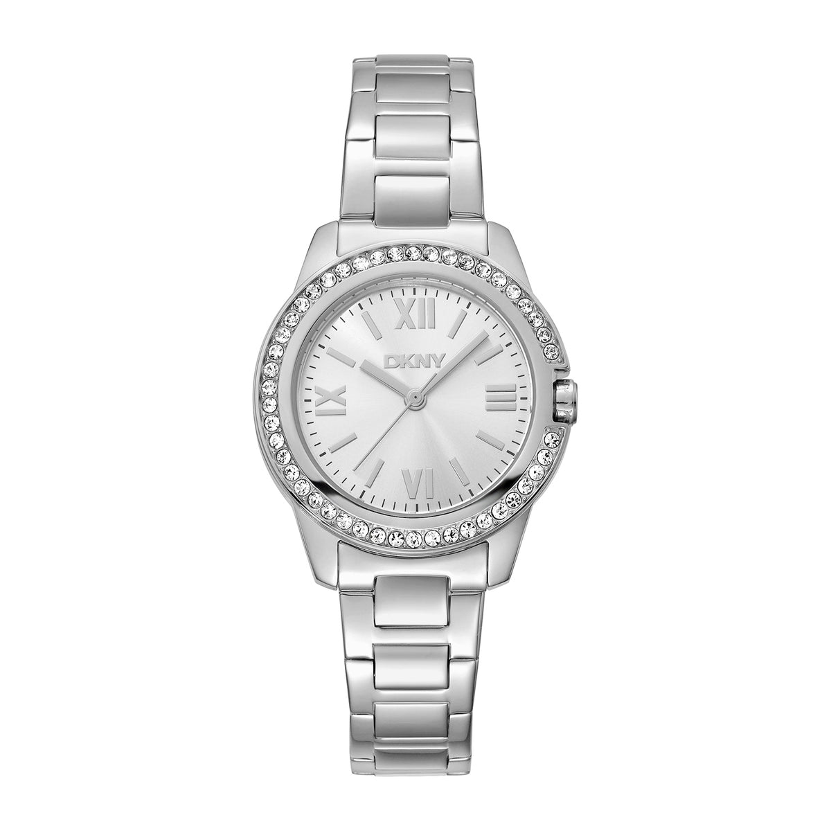 ساعة DKNY نسائية للسهرات بمينا فضي وسوار من الستانلس ستيل