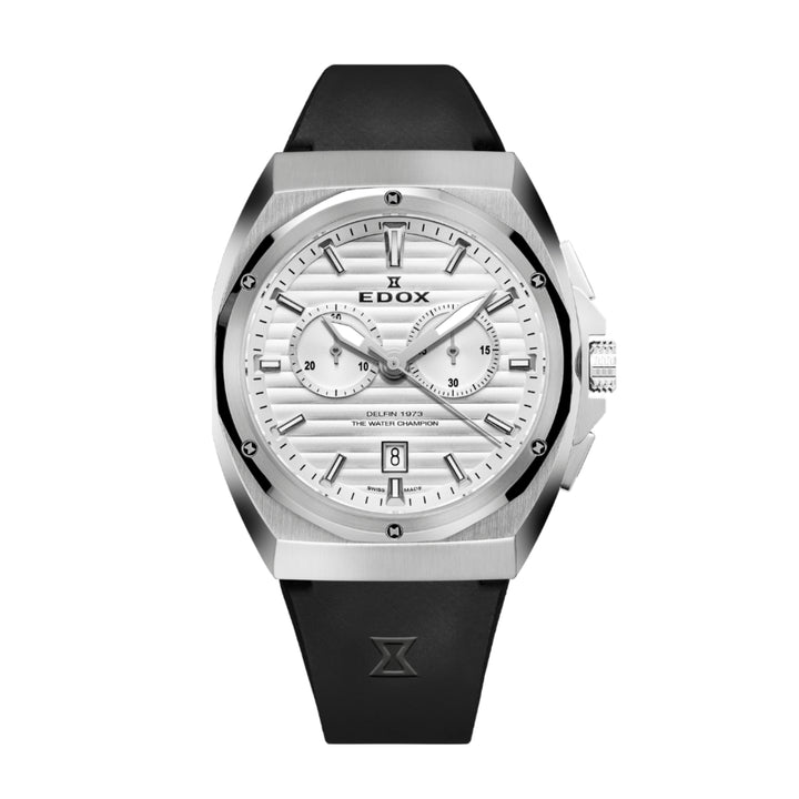 EDOX Men's Delfin 1973 Quartz Chronograph Watch with Silver Dial and Rubber Strap