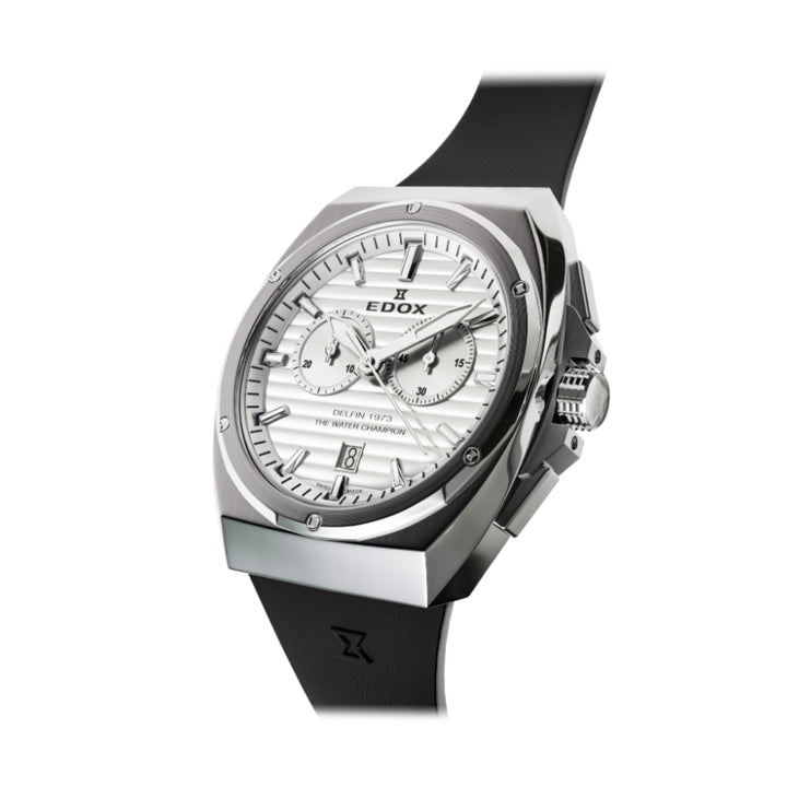 EDOX Men's Delfin 1973 Quartz Chronograph Watch with Silver Dial and Rubber Strap
