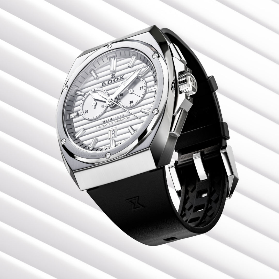 EDOX Men's Delfin 1973 Quartz Chronograph Watch with Silver Dial and Rubber Strap