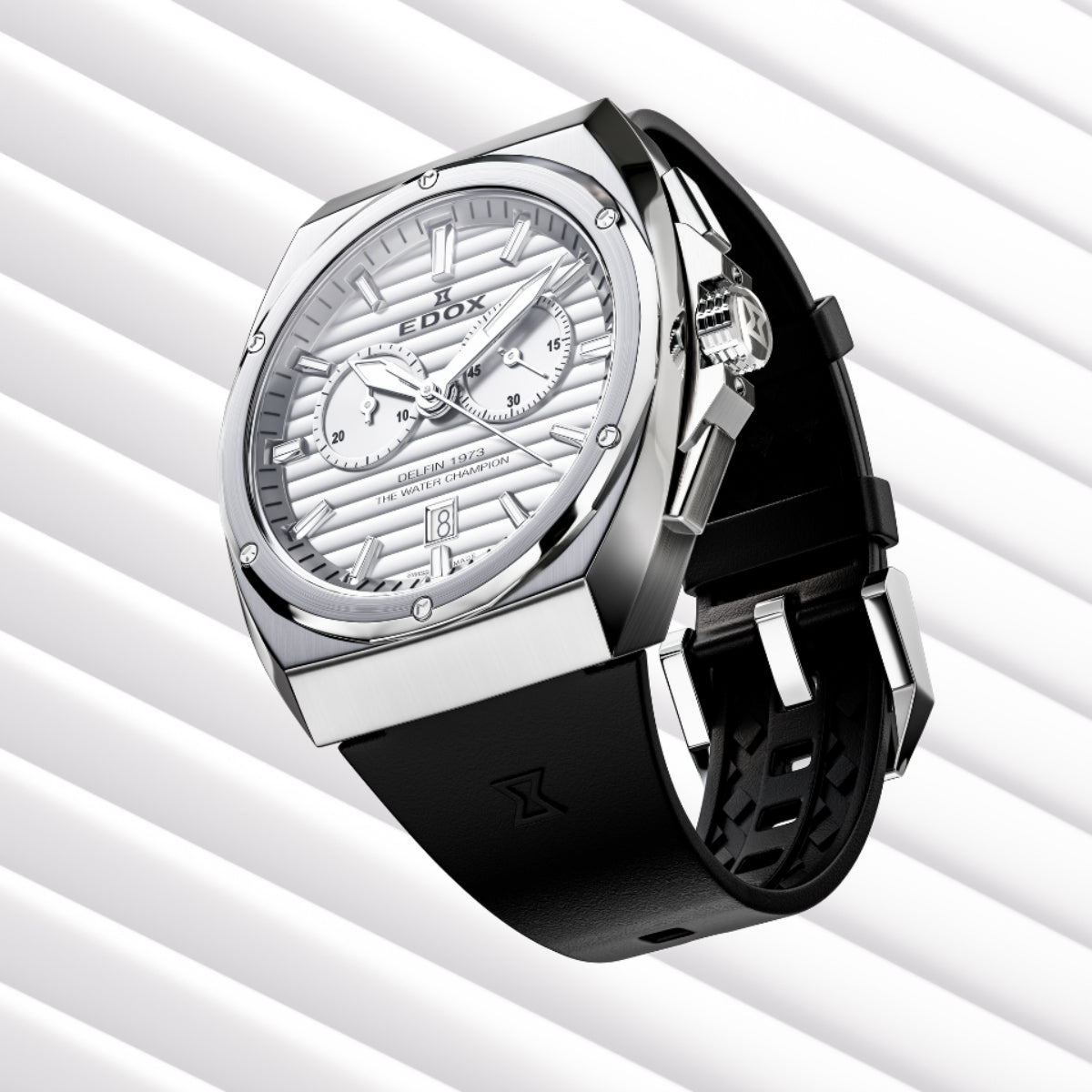 Edox Men's Delfin 1973 Quartz Chronograph Watch with Silver Dial and Rubber Strap