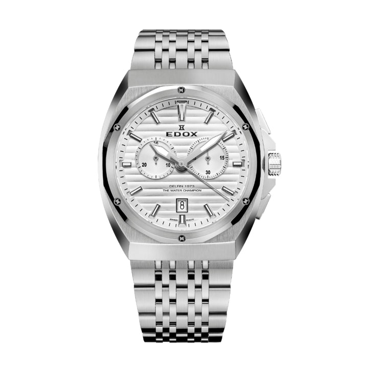 EDOX Men's Delfin 1973 Quartz Chronograph Watch with Silver Dial and Metal Band