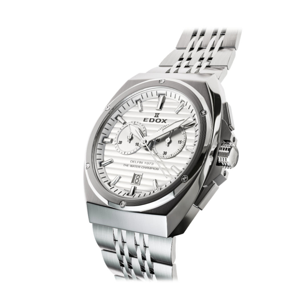 EDOX Men's Delfin 1973 Quartz Chronograph Watch with Silver Dial and Metal Band