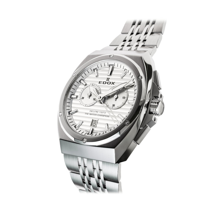 EDOX Men's Delfin 1973 Quartz Chronograph Watch with Silver Dial and Metal Band