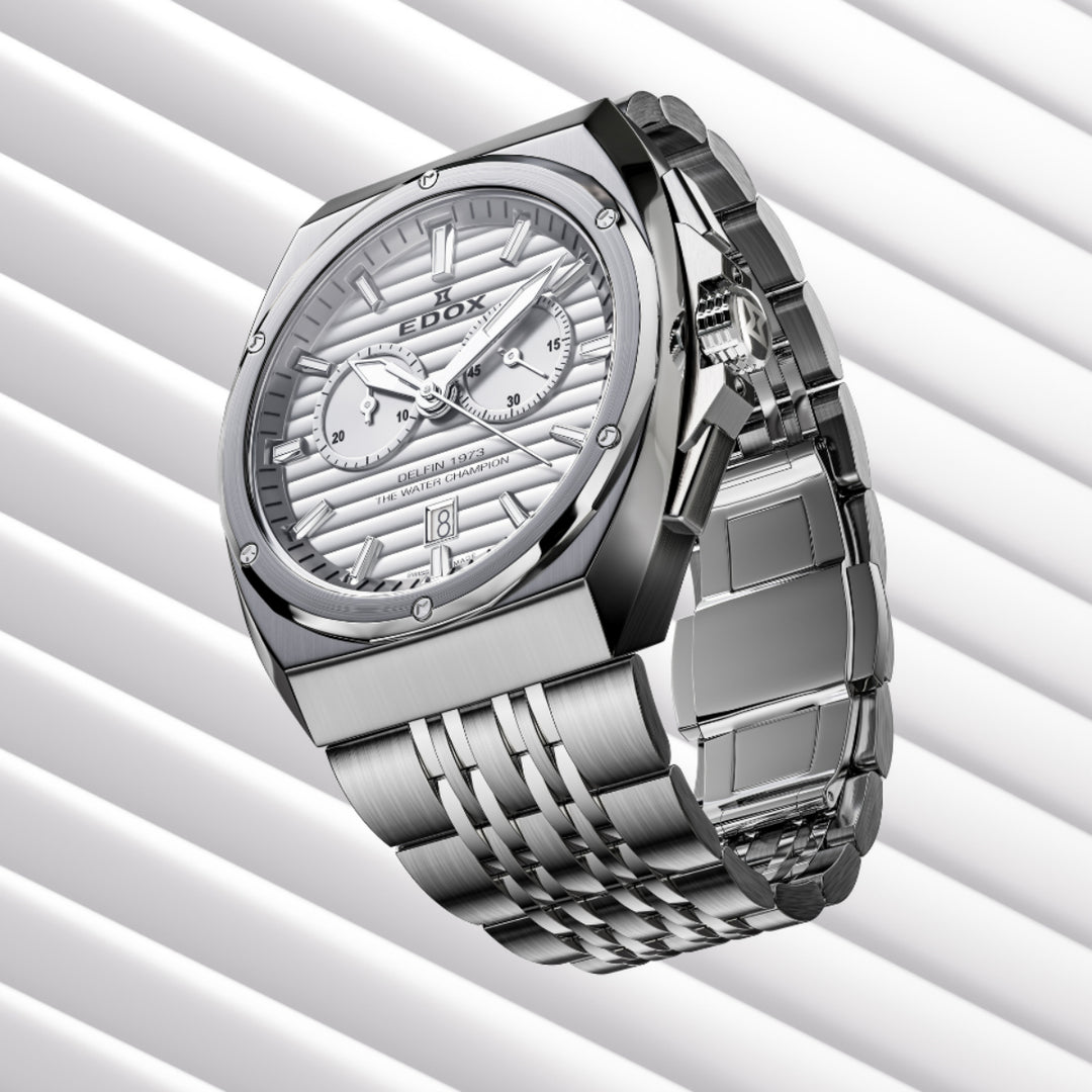 EDOX Men's Delfin 1973 Quartz Chronograph Watch with Silver Dial and Metal Band