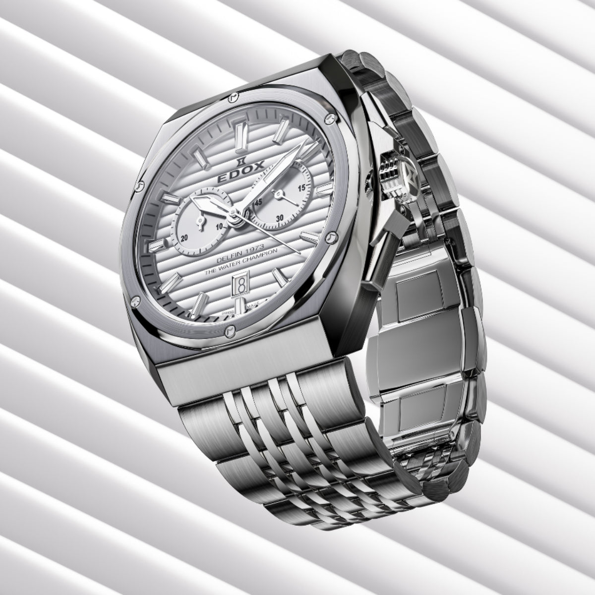 Edox Men's Delfin 1973 Quartz Chronograph Watch with Silver Dial and Metal Band