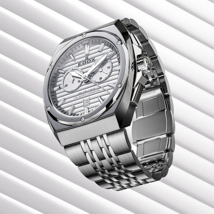 EDOX Men's Delfin 1973 Quartz Chronograph Watch with Silver Dial and Metal Band