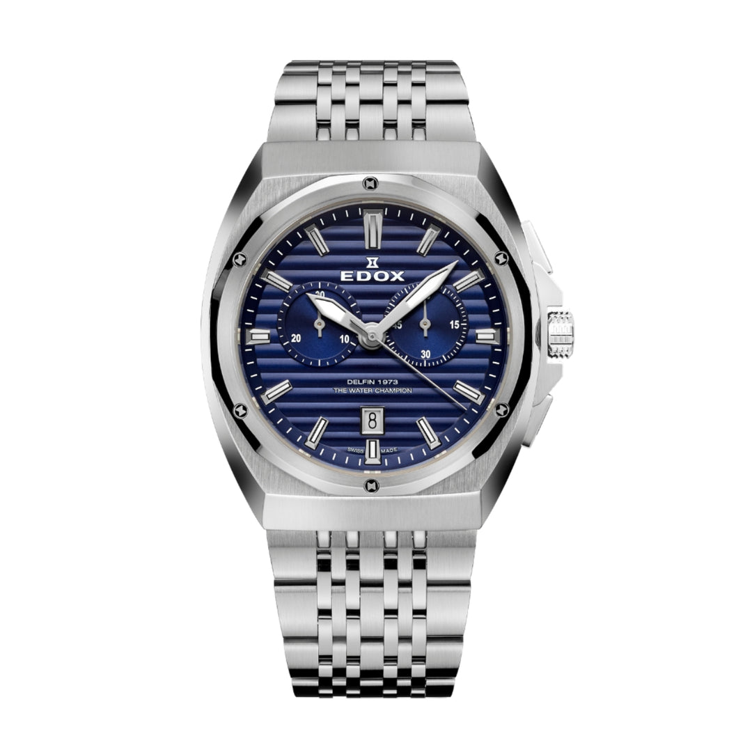 EDOX Men's Delfin 1973 Quartz Chronograph Watch with Blue Dial and Metal Band