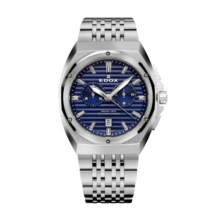 EDOX Men's Delfin 1973 Quartz Chronograph Watch with Blue Dial and Metal Band