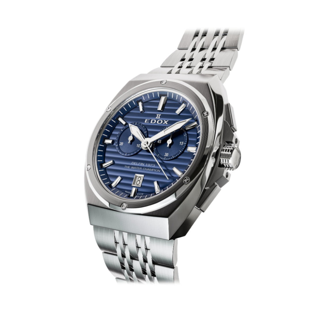 EDOX Men's Delfin 1973 Quartz Chronograph Watch with Blue Dial and Metal Band
