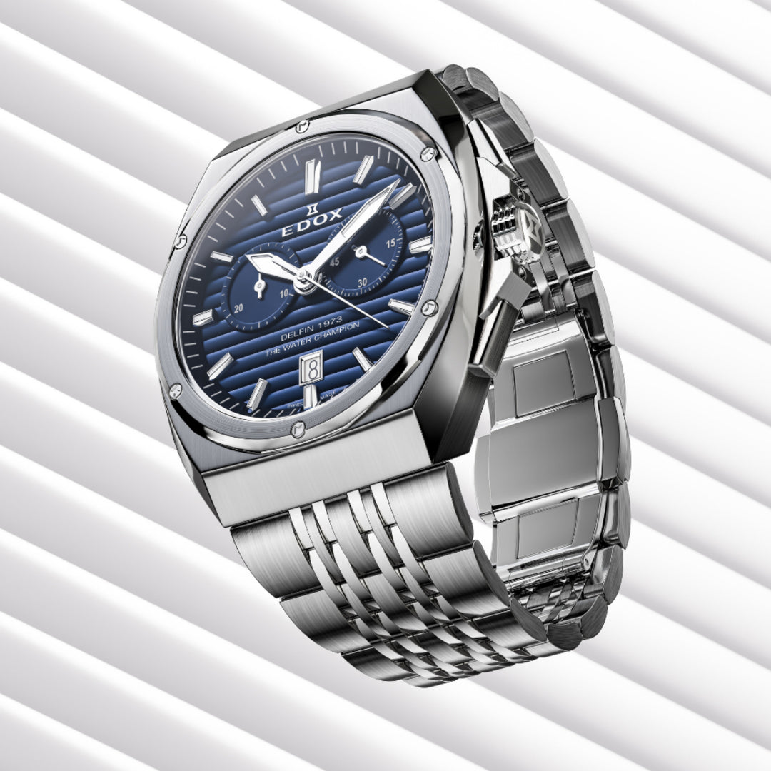 EDOX Men's Delfin 1973 Quartz Chronograph Watch with Blue Dial and Metal Band