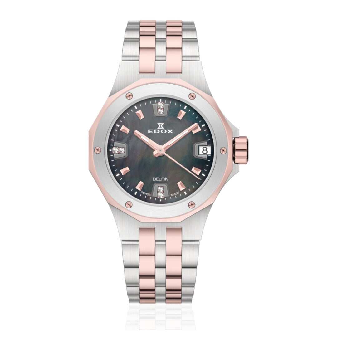 EDOX Women's Delfin Lady Quartz Watch With Black MOP Dial And Diamond Markers