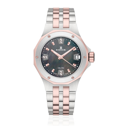 Edox Women's Delfin Lady Quartz Watch With Black MOP Dial And Diamond Markers