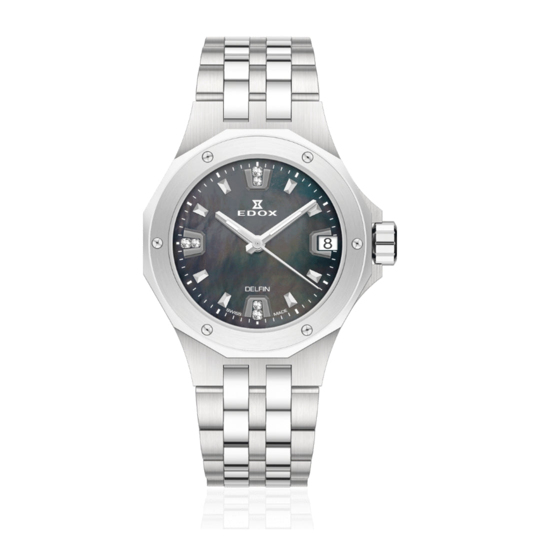 EDOX Women's Delfin Lady Quartz Watch With Black MOP Dial And Diamond Markers