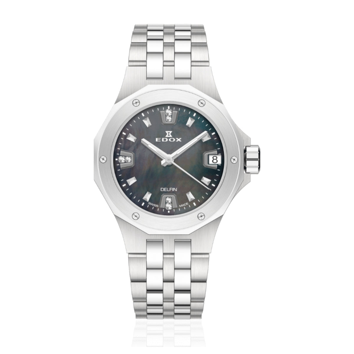 Edox Women's Delfin Lady Quartz Watch With Black MOP Dial And Diamond Markers