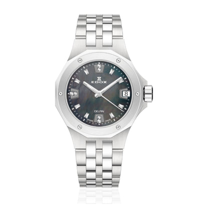 Edox Women's Delfin Lady Quartz Watch With Black MOP Dial And Diamond Markers