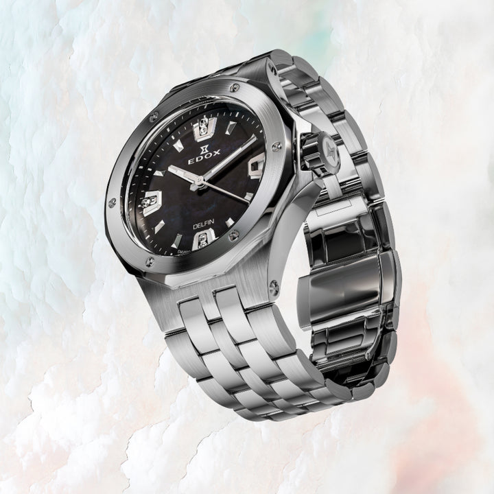 EDOX Women's Delfin Lady Quartz Watch With Black MOP Dial And Diamond Markers