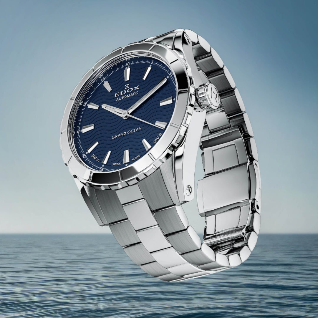 EDOX Men's Grand Ocean Automatic Watch with Blue Dial and Metal Band