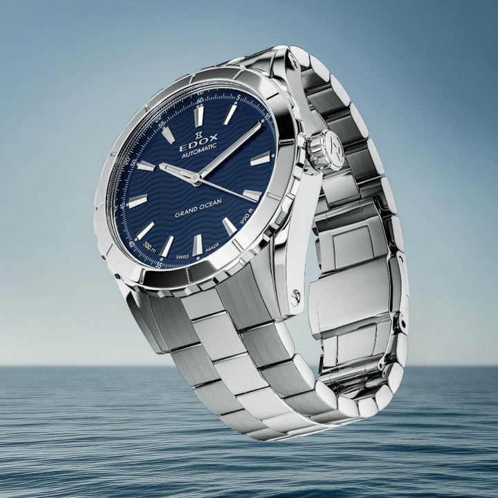 EDOX Men's Grand Ocean Automatic Watch with Blue Dial and Metal Band