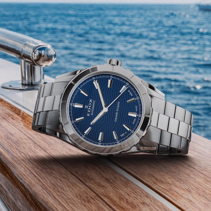 EDOX Men's Grand Ocean Automatic Watch with Blue Dial and Metal Band