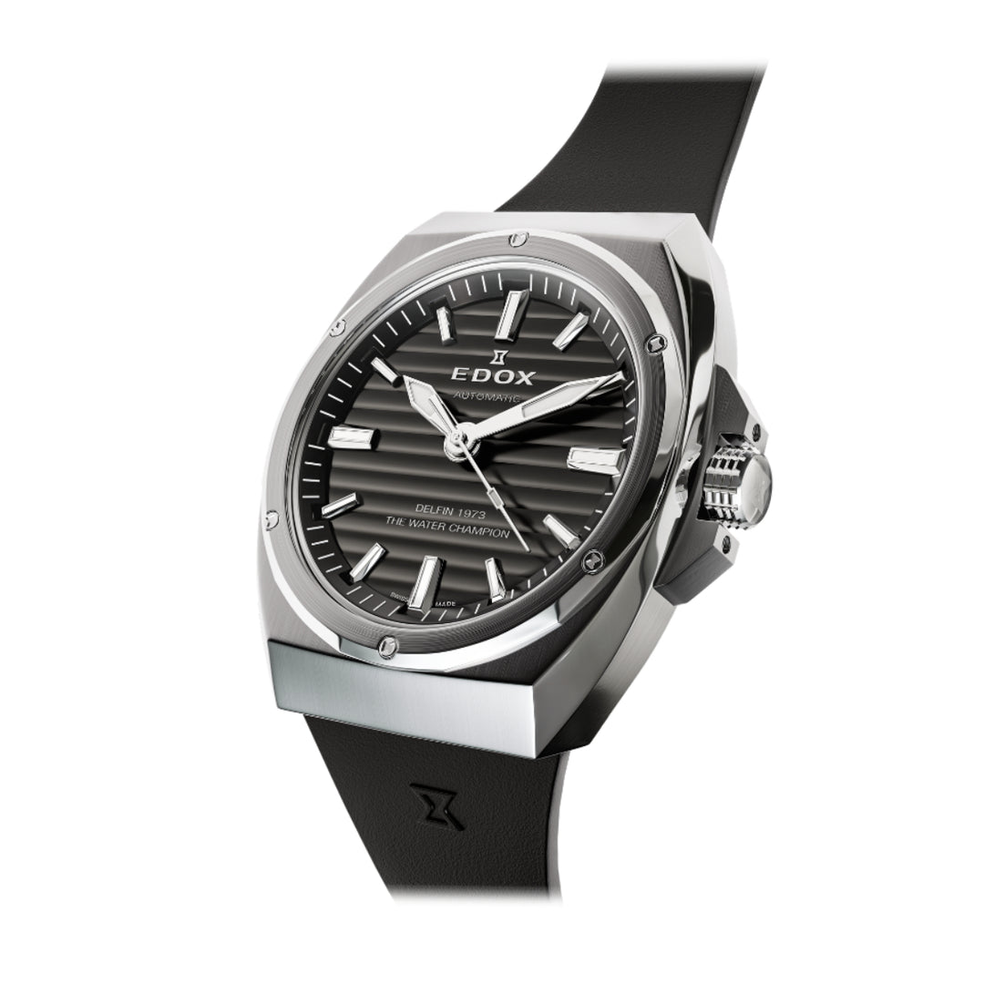 EDOX Men's Delfin 1973 Automatic Watch with Black Dial and Rubber Strap