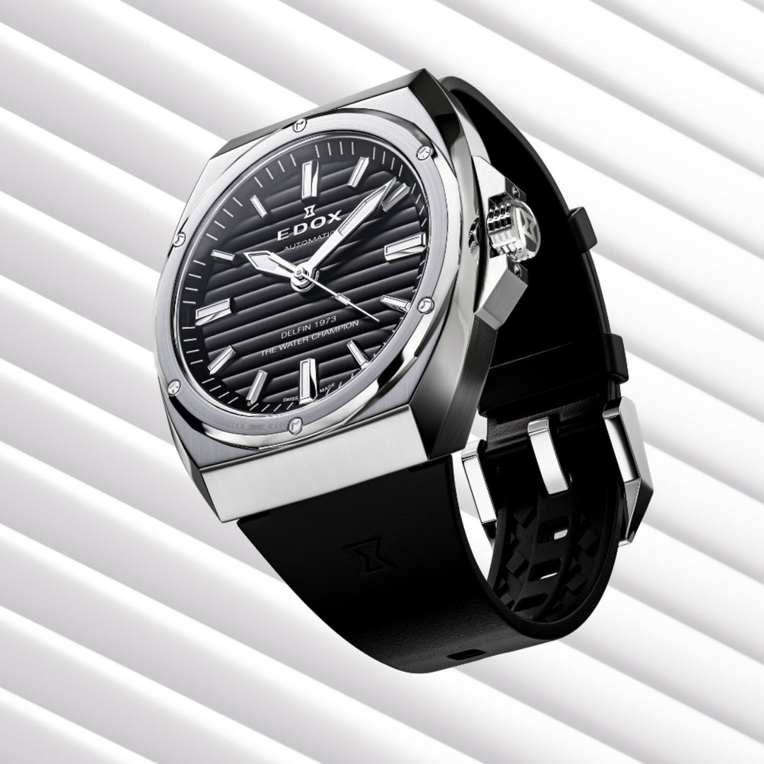 EDOX Men's Delfin 1973 Automatic Watch with Black Dial and Rubber Strap