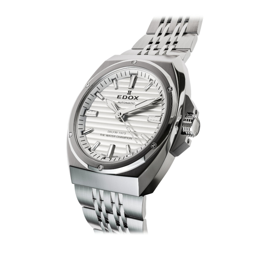 EDOX Men's Delfin 1973 Automatic Watch with Silver Dial and Metal Band