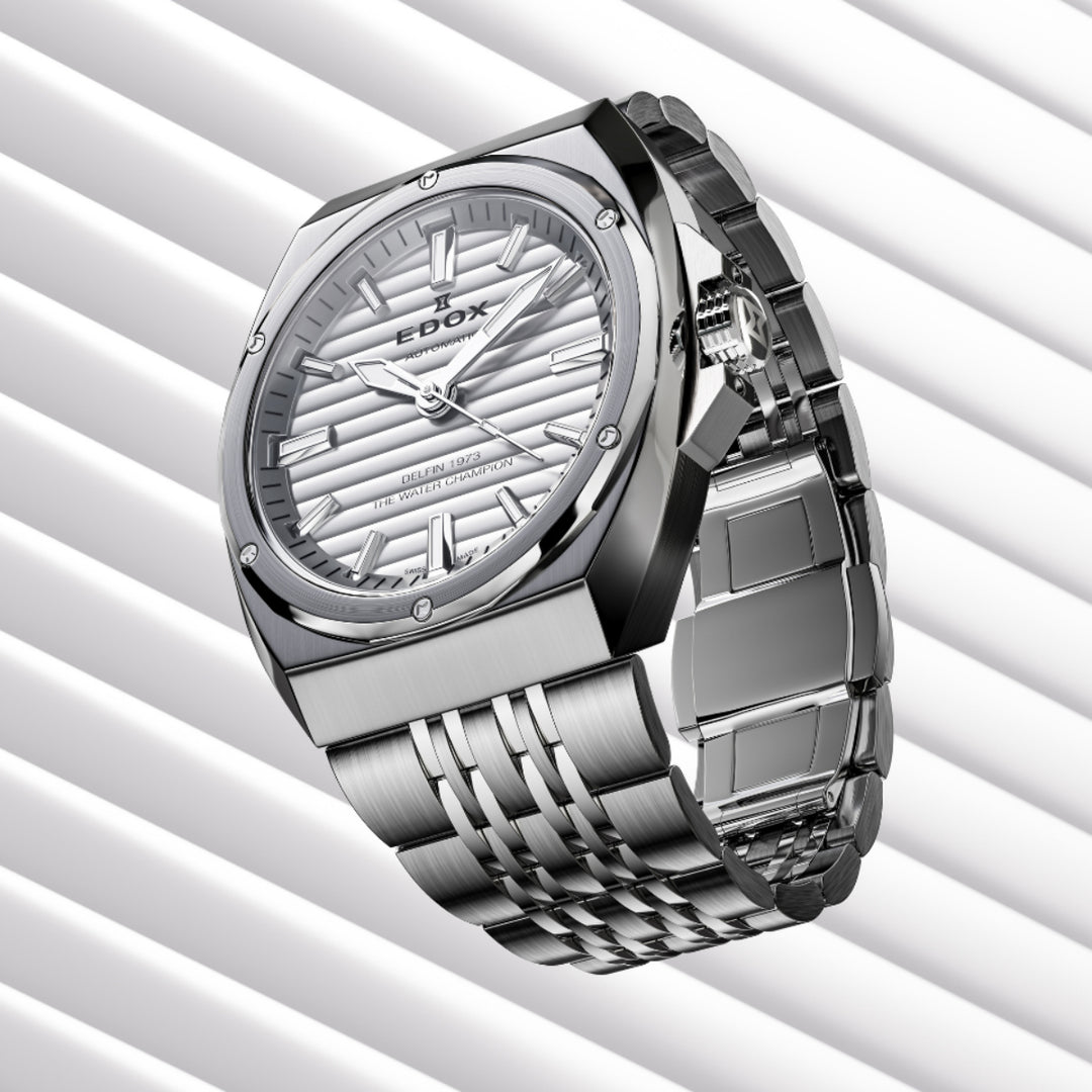 EDOX Men's Delfin 1973 Automatic Watch with Silver Dial and Metal Band