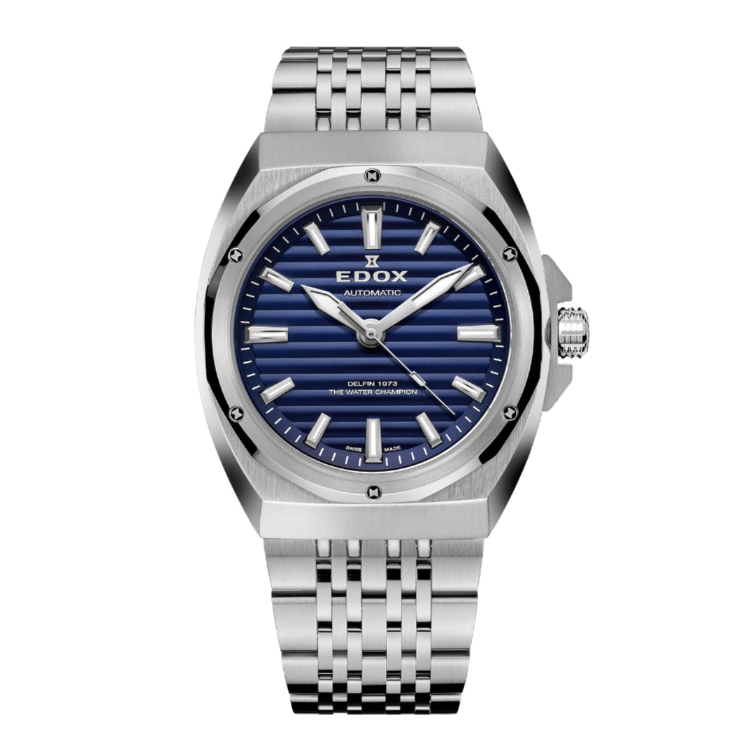 EDOX Men's Delfin 1973 Automatic Watch with Blue Dial and Metal Band